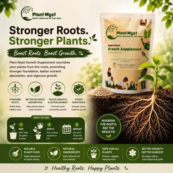Plant Myst Strong Roots supplement promoting deep healthy root growth